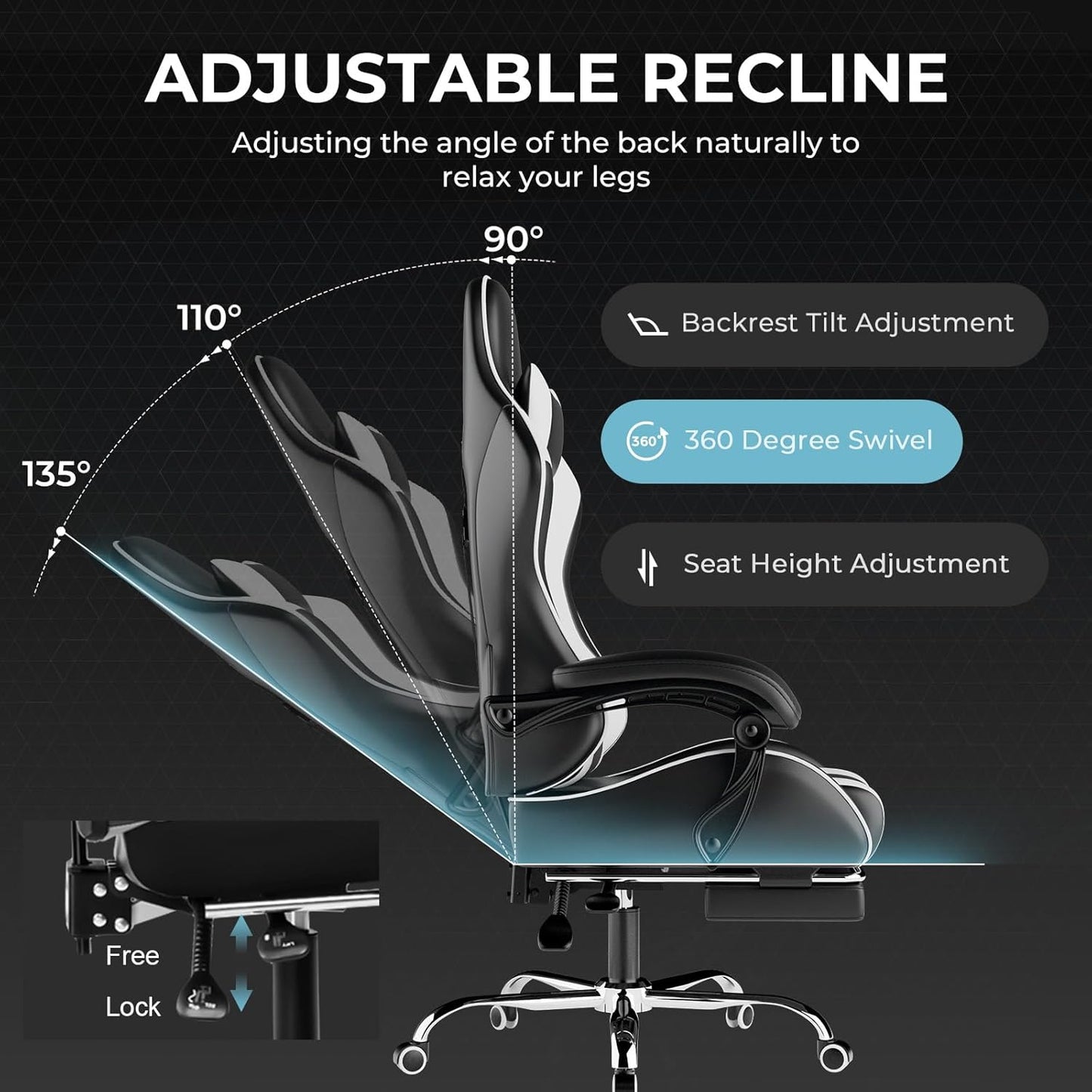 Gaming Chair, Computer Chair with Lumbar Support, Height Adjustable Game Chair with 360°-Swivel Seat & Headrest