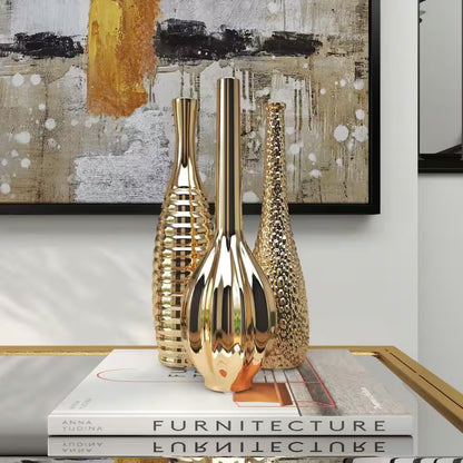 Gold Slim Textured Bottleneck Ceramic Decorative Vase with Varying Patterns (Set of 3)