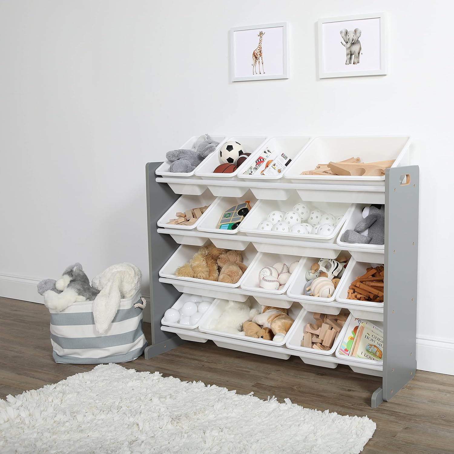 Supersized Storage Organizer with16 Removable Bins, Grey/White –Large Toy Storage Ideal for Kids Playrooms & Nurseries.