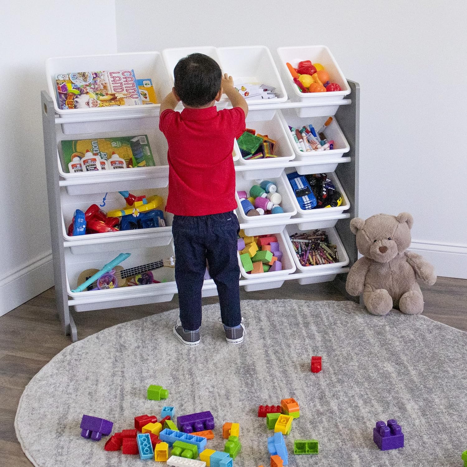 Supersized Storage Organizer with16 Removable Bins, Grey/White –Large Toy Storage Ideal for Kids Playrooms & Nurseries.