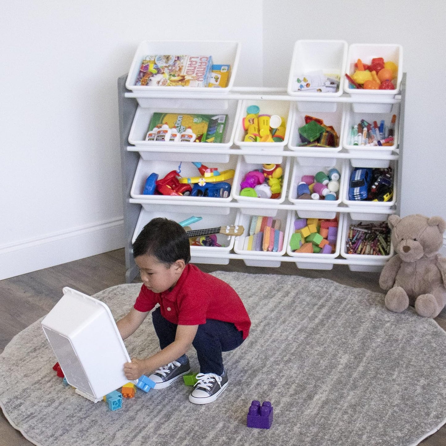 Supersized Storage Organizer with16 Removable Bins, Grey/White –Large Toy Storage Ideal for Kids Playrooms & Nurseries.