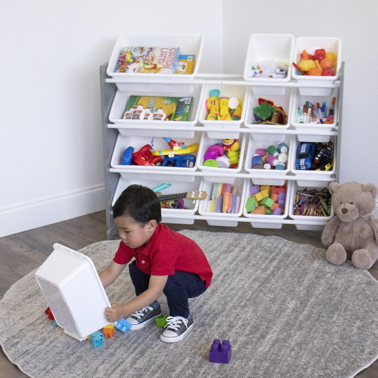 Supersized Storage Organizer with16 Removable Bins, Grey/White –Large Toy Storage Ideal for Kids Playrooms & Nurseries.