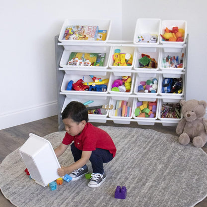 Supersized Storage Organizer with16 Removable Bins, Grey/White –Large Toy Storage Ideal for Kids Playrooms & Nurseries.